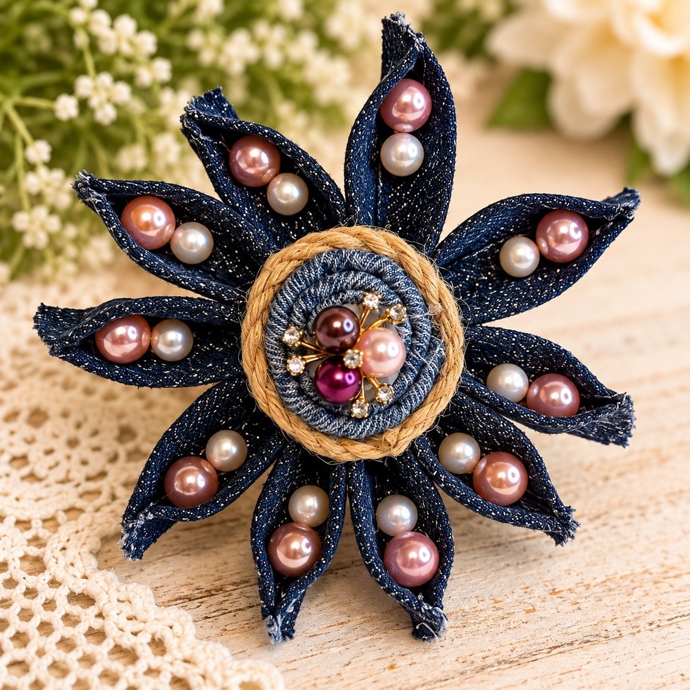 Handmade Denim Flower Magnet with Faux Pearls and Jute Trim Dark Wash Blue 4
